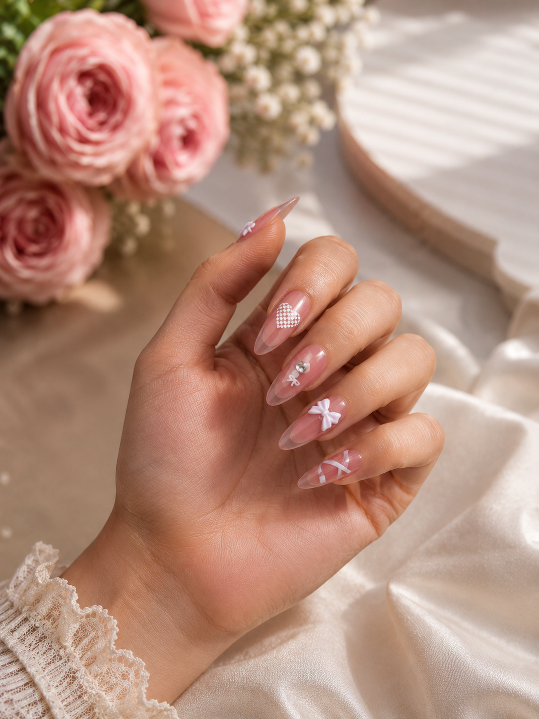 Blush Bow Crystal Press-On Nails