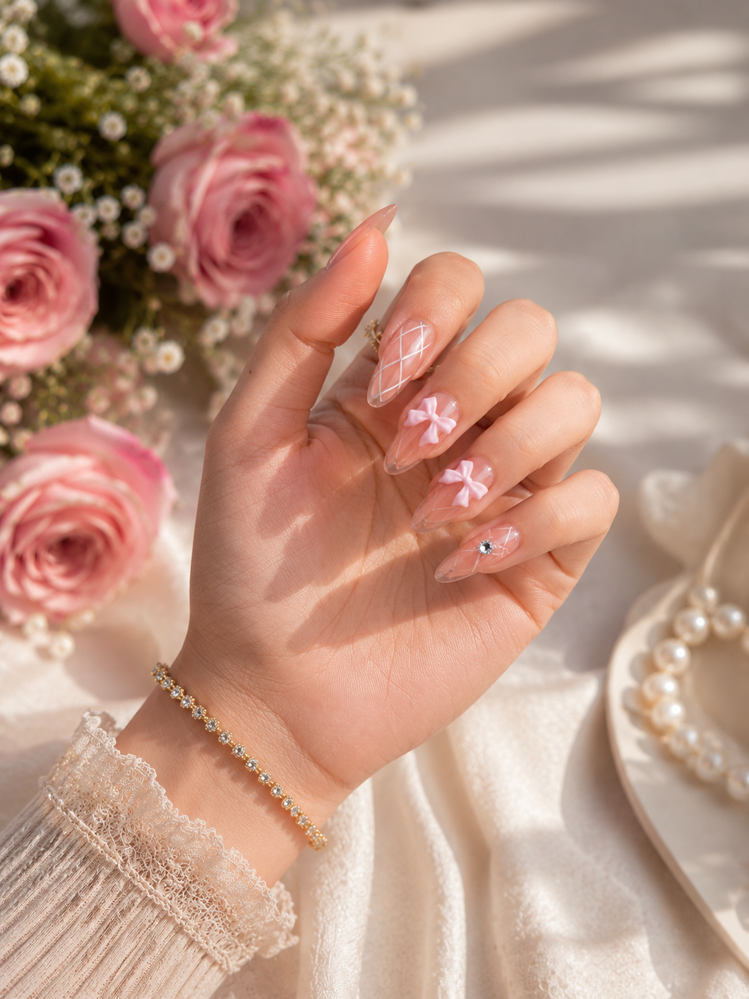 Blush Ribbon Elegance Press-On Nails