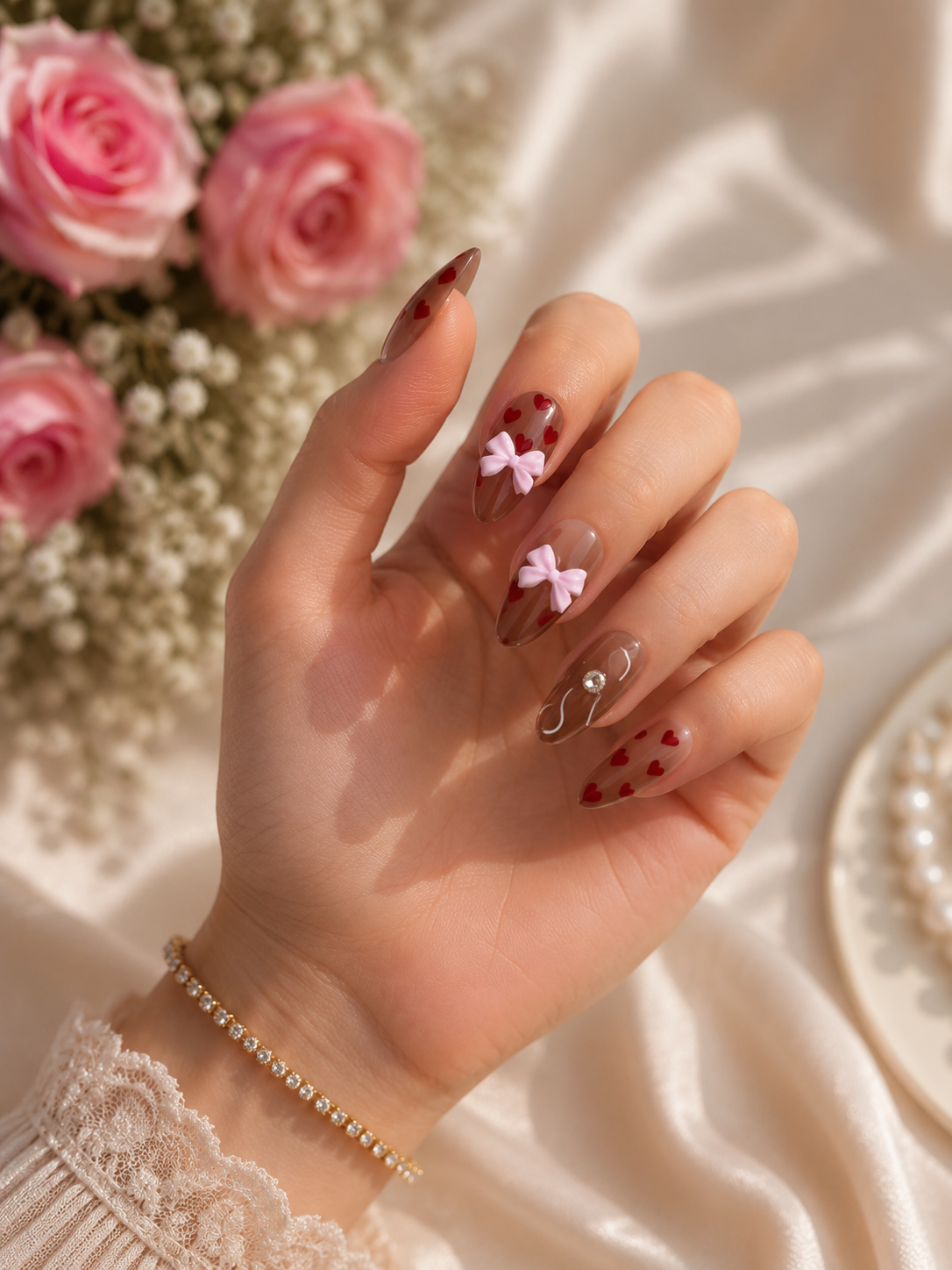 Sweetheart Mocha Bow Press-On Nails