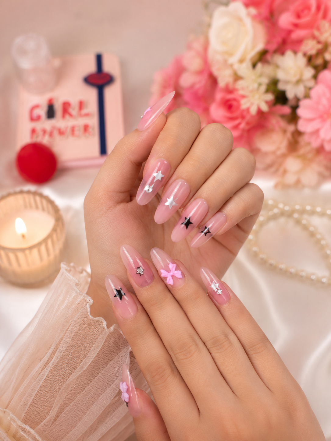 ⭐ Pink Stardust Bow – Premium Press-On Nails